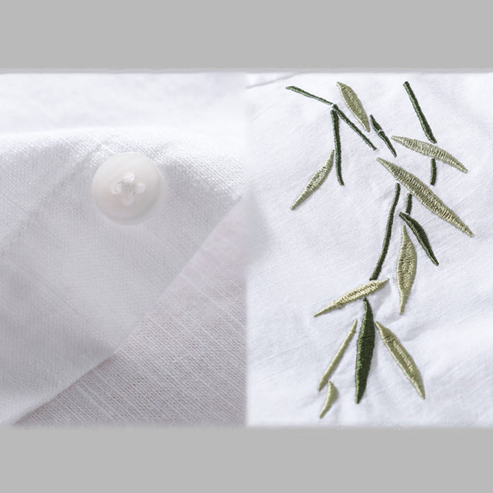 Camicia da uomo in cotone e lino a maniche lunghe con ricamo Buddha Stones e motivo a foglie - image 11