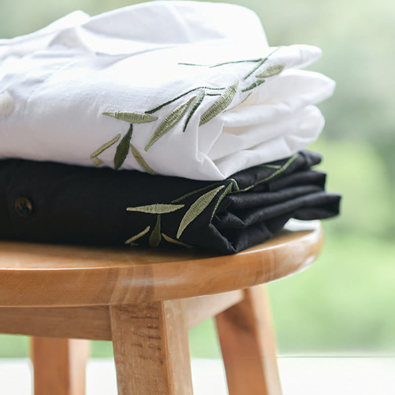 Camicia da uomo in cotone e lino a maniche lunghe con ricamo Buddha Stones e motivo a foglie - image 15