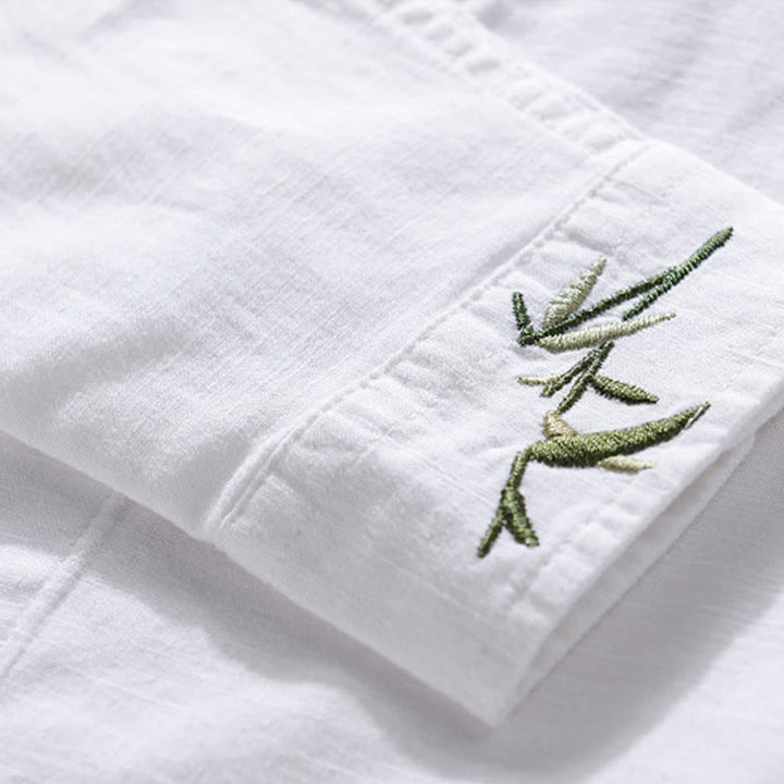 Camicia da uomo in cotone e lino a maniche lunghe con ricamo Buddha Stones e motivo a foglie - image 10