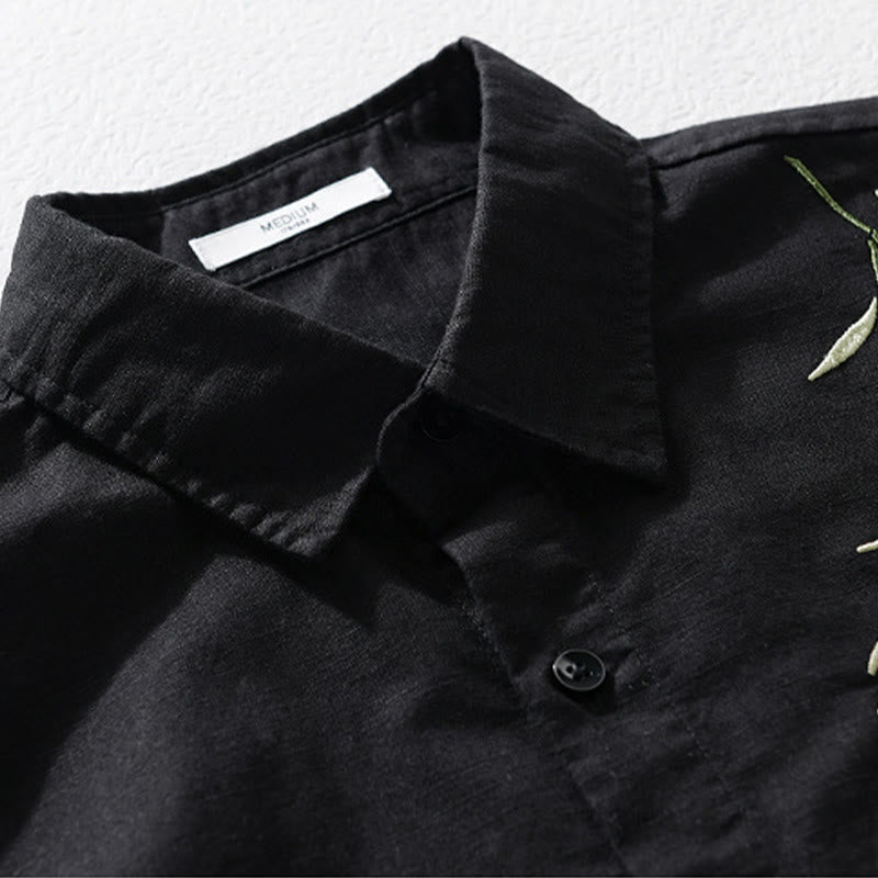 Camicia da uomo in cotone e lino a maniche lunghe con ricamo Buddha Stones e motivo a foglie - image 1