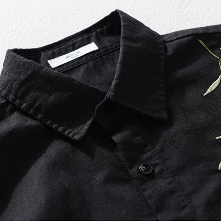 Camicia da uomo in cotone e lino a maniche lunghe con ricamo Buddha Stones e motivo a foglie - image 1