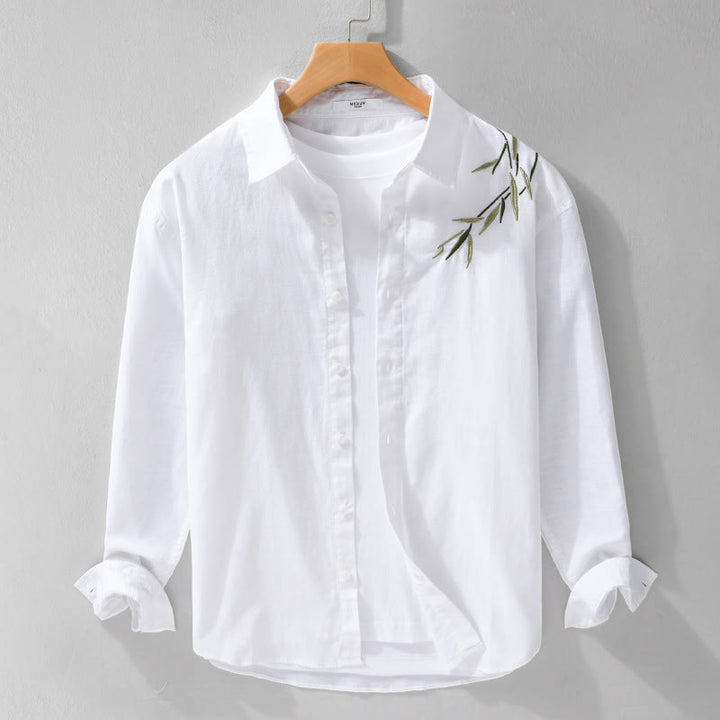 Camicia da uomo in cotone e lino a maniche lunghe con ricamo Buddha Stones e motivo a foglie - Bianco - US/UK/AU42, EU52 (3XL) - image 5