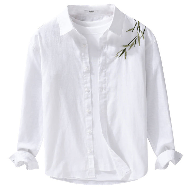 Camicia da uomo in cotone e lino a maniche lunghe con ricamo Buddha Stones e motivo a foglie - image 12