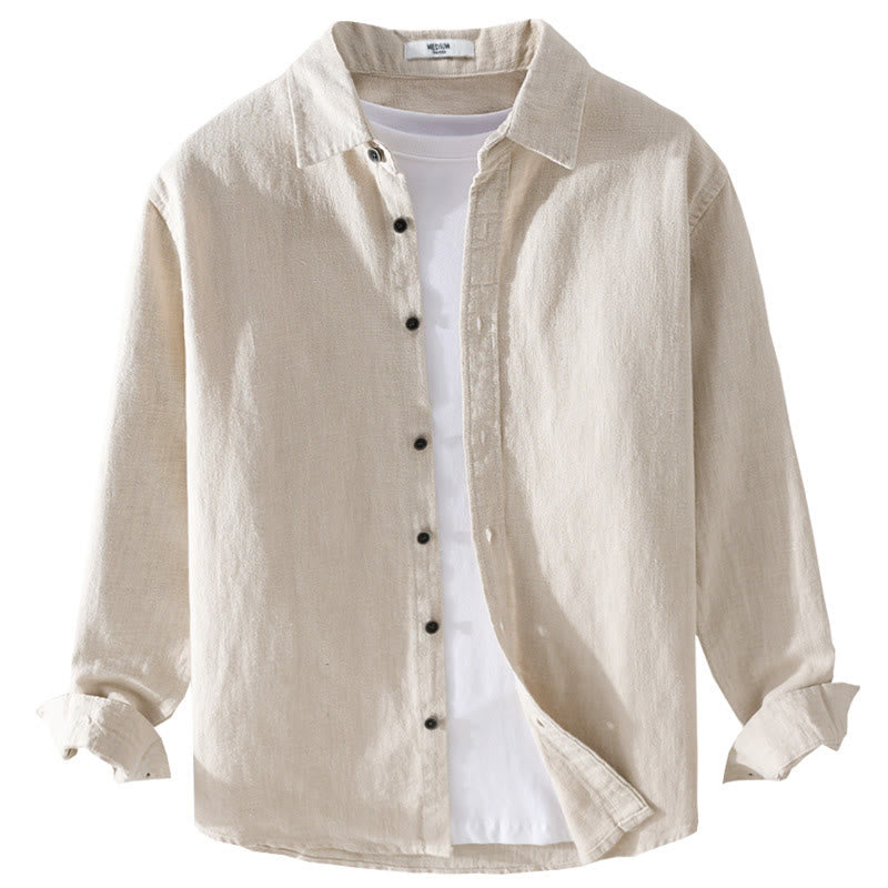 Camicia a maniche lunghe in cotone ramiè con bottoni a risvolto, colore puro, design semplice, da uomo, Buddha Stones - image 4