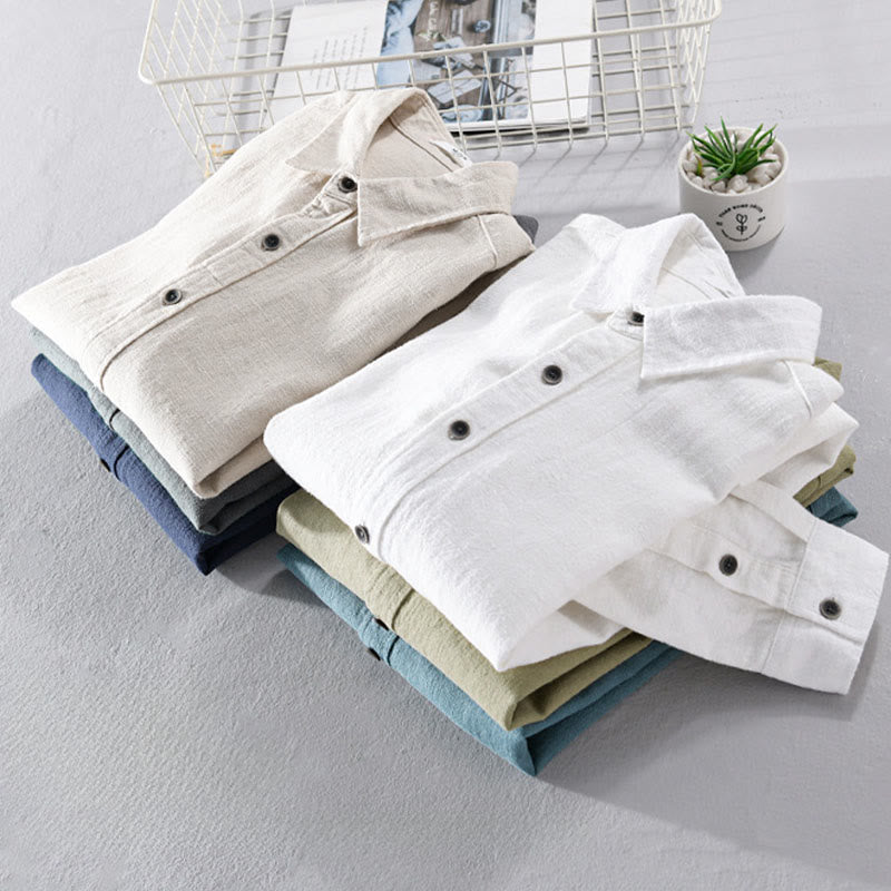 Camicia a maniche lunghe in cotone ramiè con bottoni a risvolto, colore puro, design semplice, da uomo, Buddha Stones - image 21