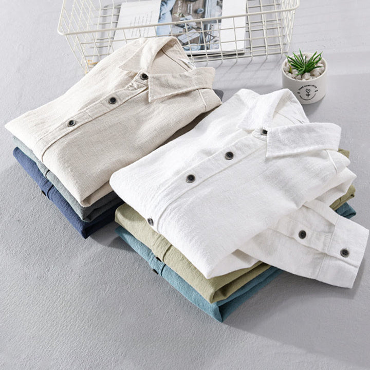 Camicia a maniche lunghe in cotone ramiè con bottoni a risvolto, colore puro, design semplice, da uomo, Buddha Stones - image 21