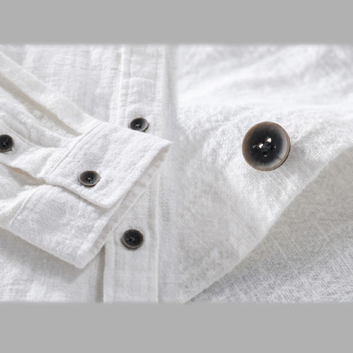 Camicia a maniche lunghe in cotone ramiè con bottoni a risvolto, colore puro, design semplice, da uomo, Buddha Stones - image 13