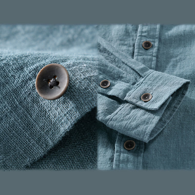 Camicia a maniche lunghe in cotone ramiè con bottoni a risvolto, colore puro, design semplice, da uomo, Buddha Stones - image 16