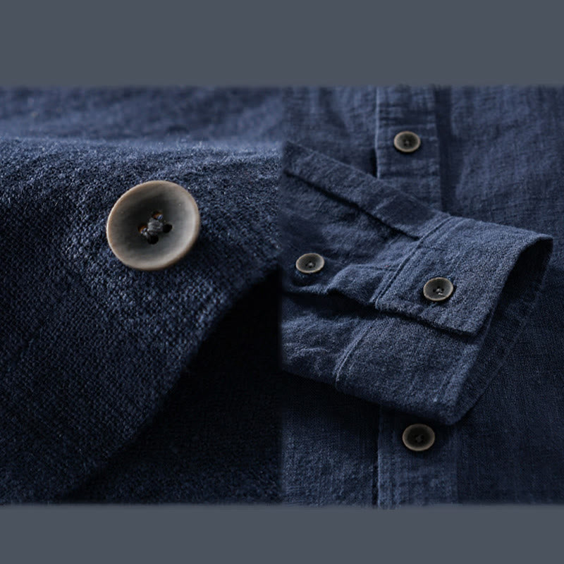 Camicia a maniche lunghe in cotone ramiè con bottoni a risvolto, colore puro, design semplice, da uomo, Buddha Stones - image 10