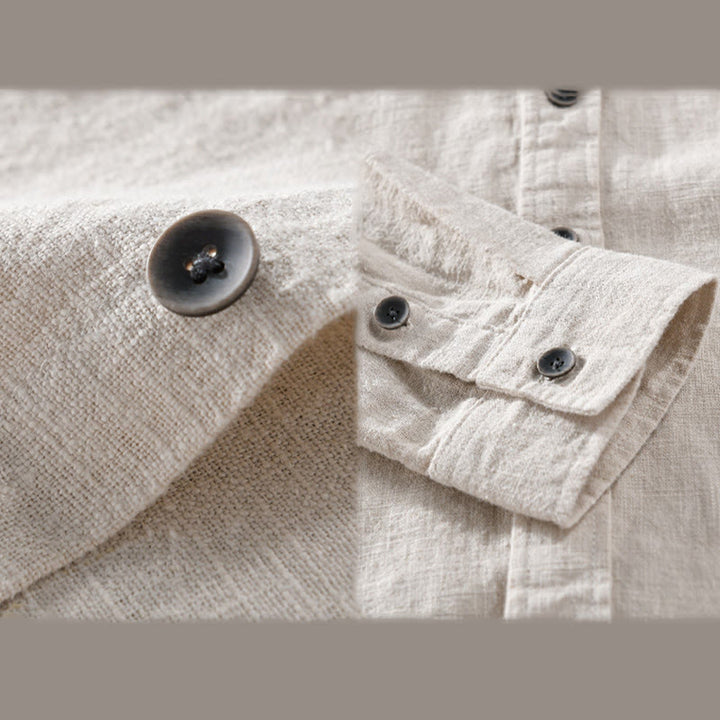 Camicia a maniche lunghe in cotone ramiè con bottoni a risvolto, colore puro, design semplice, da uomo, Buddha Stones - image 3