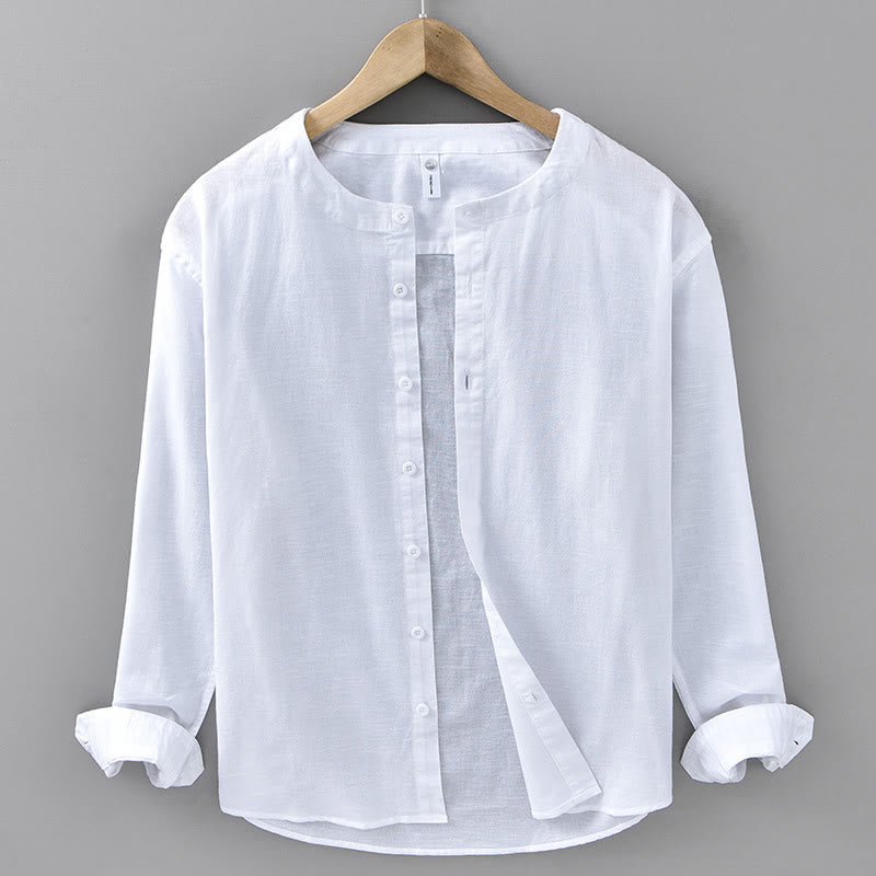 Camicia a maniche lunghe in cotone e lino con colletto rialzato, da uomo, modello Buddha Stones , primavera, colore puro - Bianco - US/UK/AU42, EU52 (3XL) - image 4