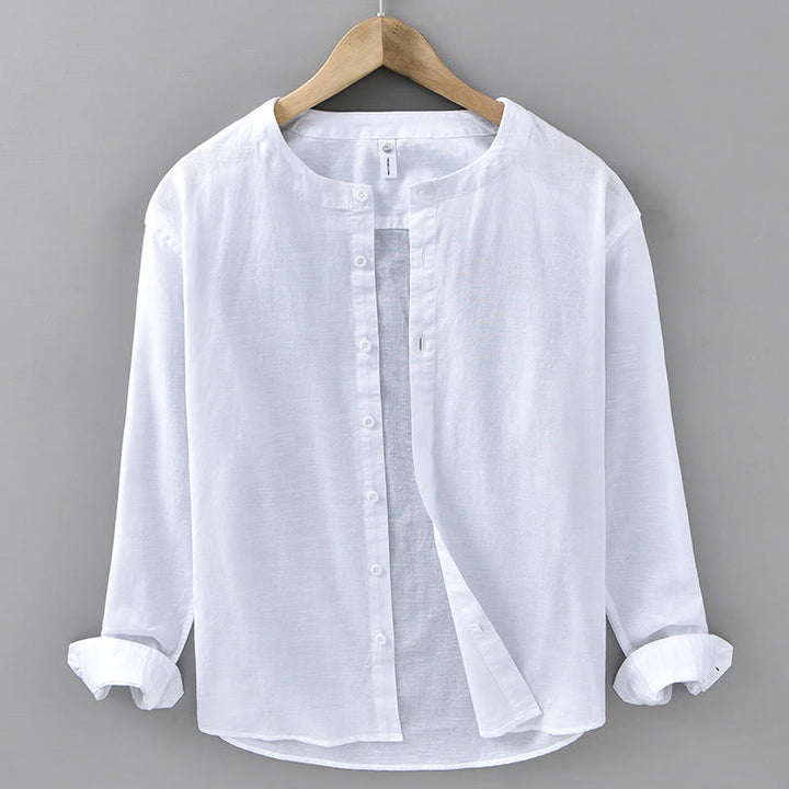 Camicia a maniche lunghe in cotone e lino con colletto rialzato, da uomo, modello Buddha Stones , primavera, colore puro - Bianco - US/UK/AU42, EU52 (3XL) - image 4