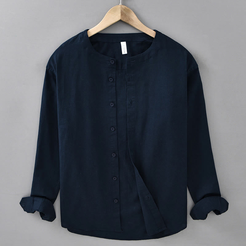 Camicia a maniche lunghe in cotone e lino con colletto rialzato, da uomo, modello Buddha Stones , primavera, colore puro - Blu notte - US/UK/AU42, EU52 (3XL) - image 0