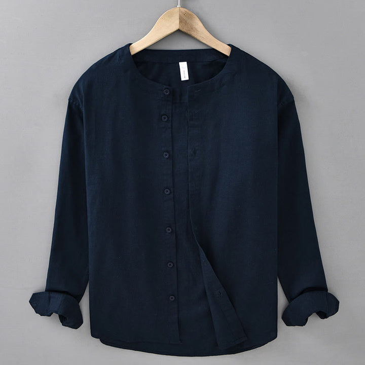 Camicia a maniche lunghe in cotone e lino con colletto rialzato, da uomo, modello Buddha Stones , primavera, colore puro - Blu notte - US/UK/AU42, EU52 (3XL) - image 0