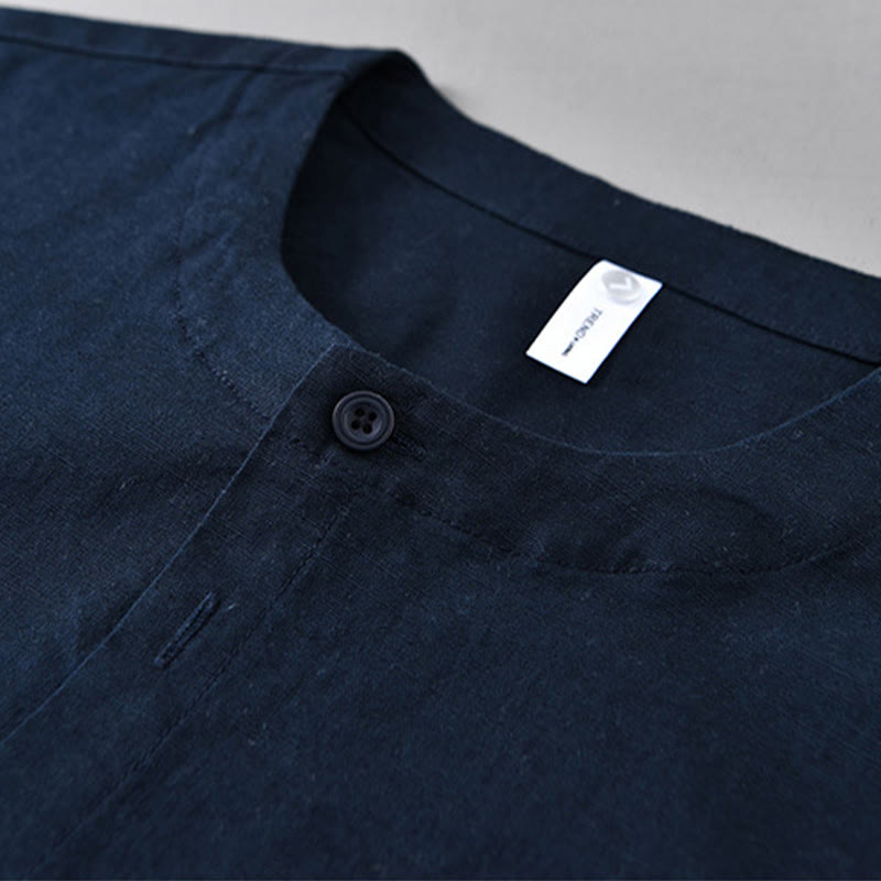 Camicia a maniche lunghe in cotone e lino con colletto rialzato, da uomo, modello Buddha Stones , primavera, colore puro - image 1