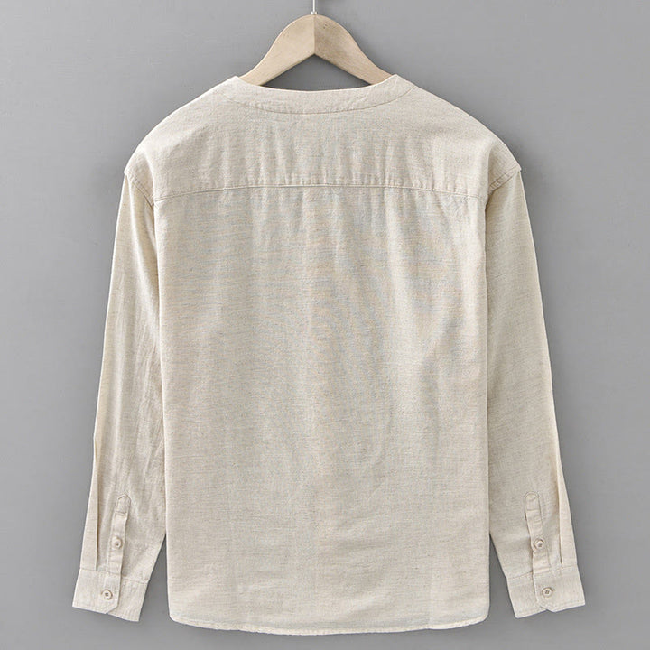 Camicia a maniche lunghe in cotone e lino con colletto rialzato, da uomo, modello Buddha Stones , primavera, colore puro - image 9