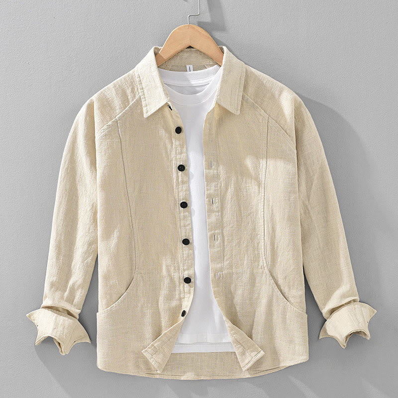 Camicia a maniche lunghe con risvolto e tasche in cotone ramiè tinta unita da uomo Buddha Stones - Verga d'oro chiaraGiallo - US/UK/AU42, EU52 (3XL) - image 0