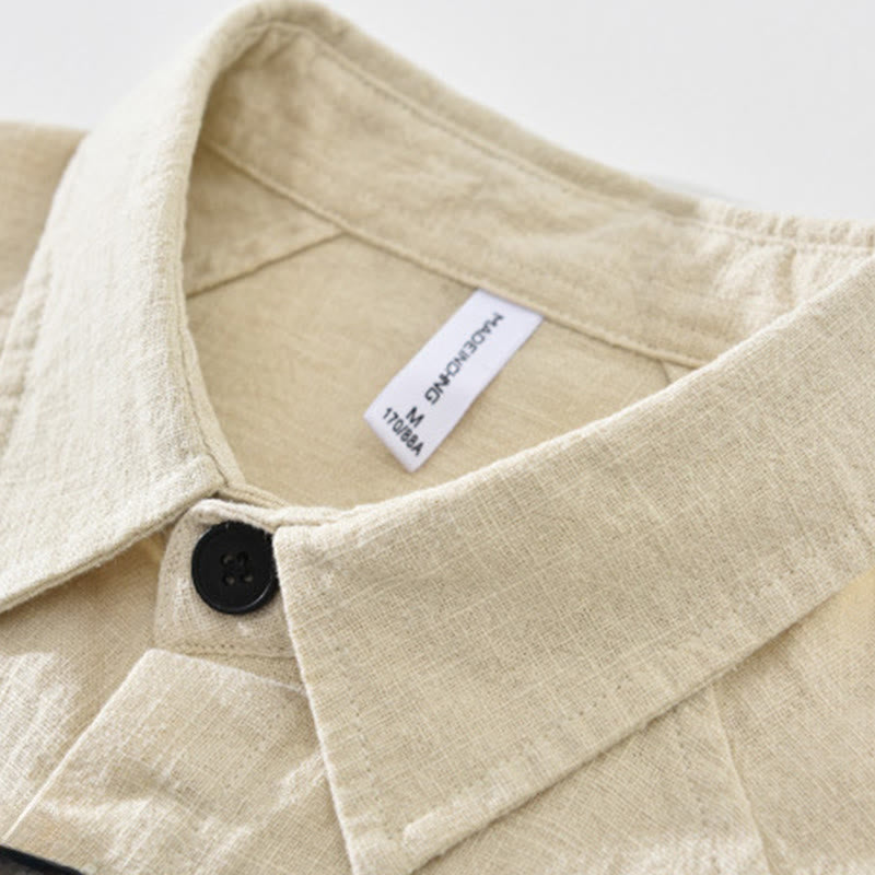 Camicia a maniche lunghe con risvolto e tasche in cotone ramiè tinta unita da uomo Buddha Stones - image 1