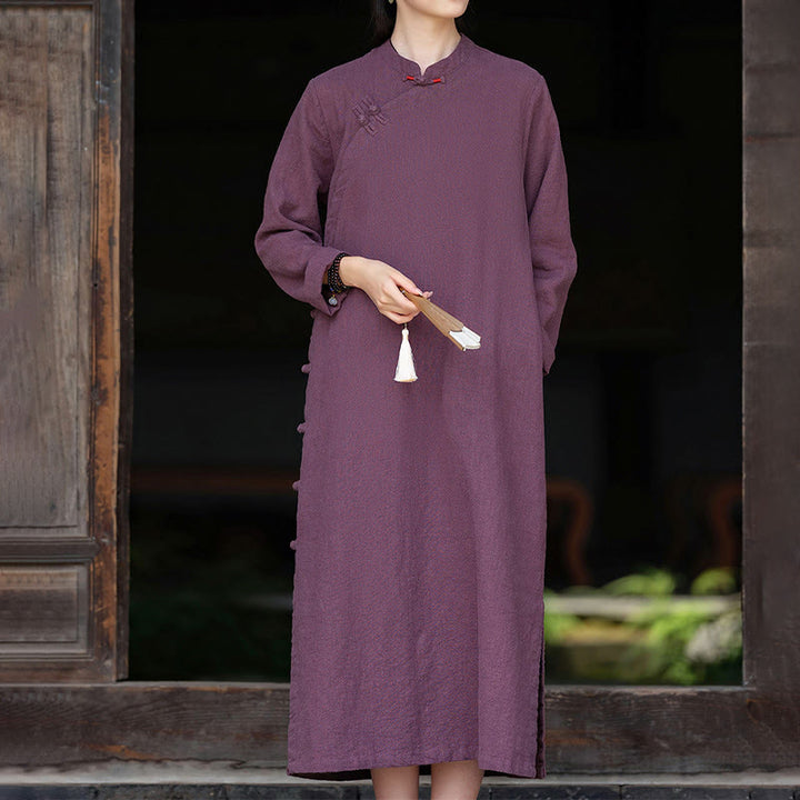 Buddha Stones midi in lino e cotone con maniche lunghe e tasche, motivo cinese a rana, motivo Buddha Stones Fall - Magenta scuro - US8-10, UK/AU12-14, EU40-42 (2XL) - image 7