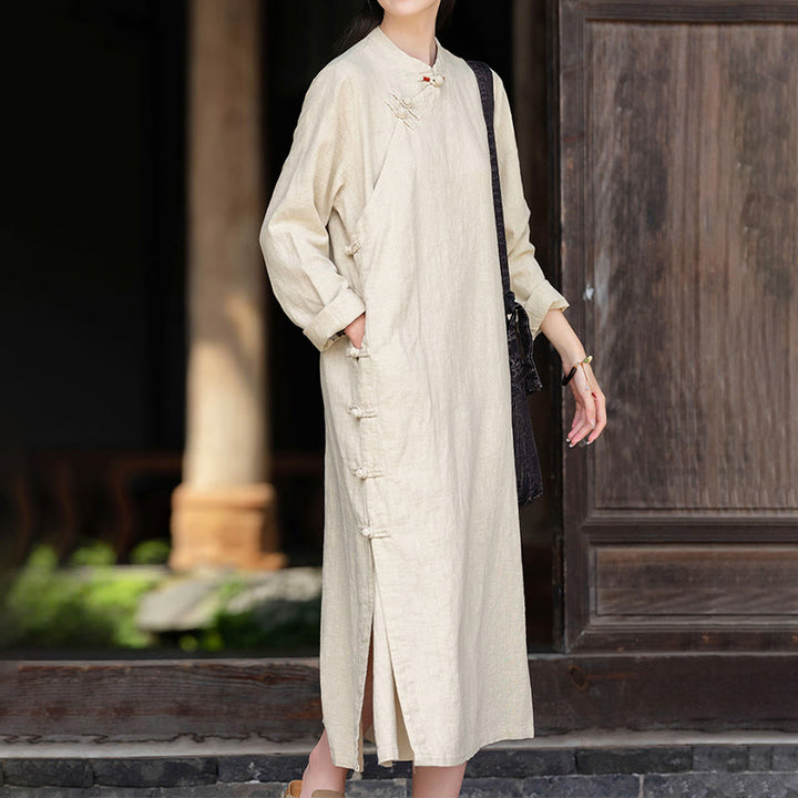Buddha Stones midi in lino e cotone con maniche lunghe e tasche, motivo cinese a rana, motivo Buddha Stones Fall - image 2