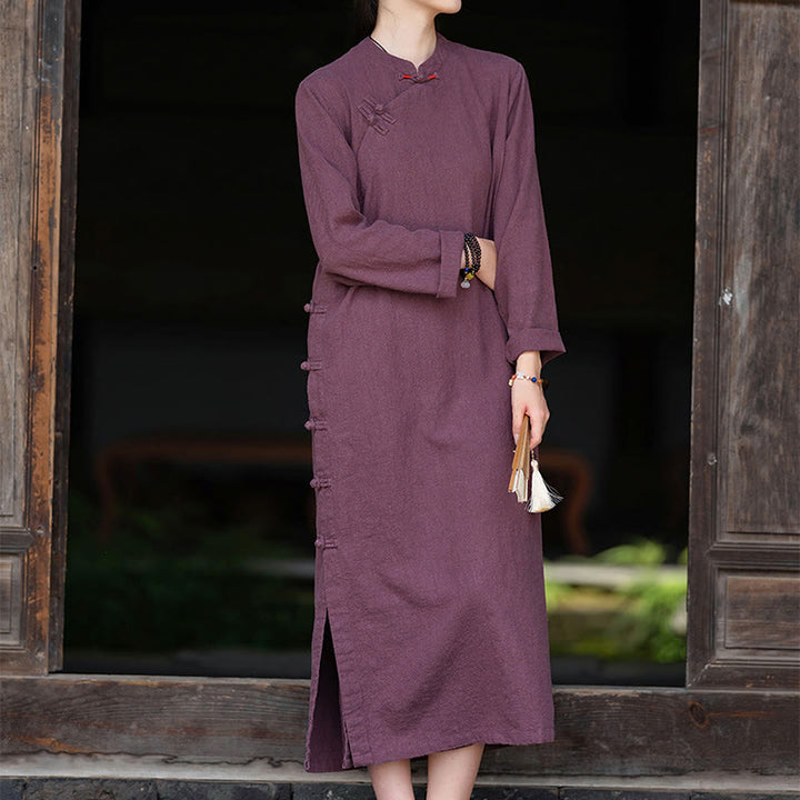 Buddha Stones midi in lino e cotone con maniche lunghe e tasche, motivo cinese a rana, motivo Buddha Stones Fall - image 9