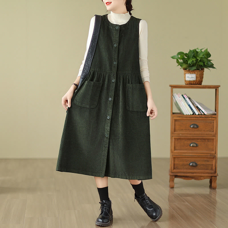 Abito midi senza maniche in velluto a coste di cotone con tasche e bottoni retrò di Buddha Stones Fall - Verde scuro - US12, UK/AU16, EU44 (3XL) - image 6