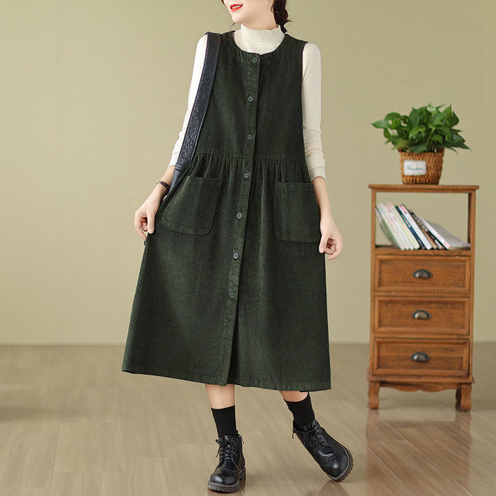 Abito midi senza maniche in velluto a coste di cotone con tasche e bottoni retrò di Buddha Stones Fall - Verde scuro - US12, UK/AU16, EU44 (3XL) - image 6