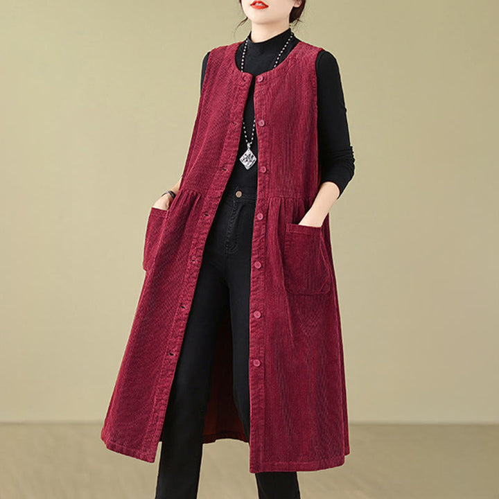 Abito midi senza maniche in velluto a coste di cotone con tasche e bottoni retrò di Buddha Stones Fall - image 23