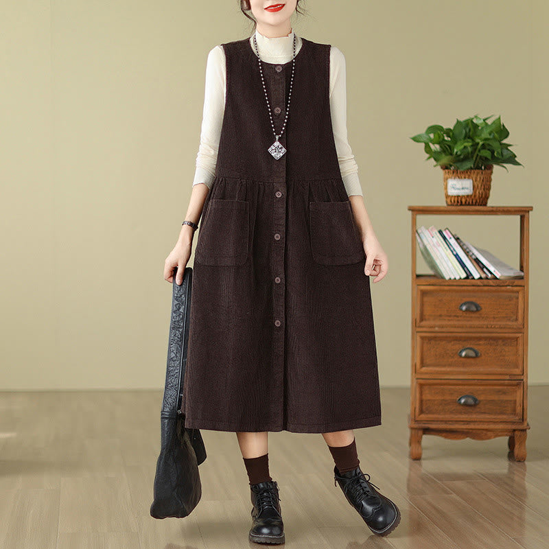 Abito midi senza maniche in velluto a coste di cotone con tasche e bottoni retrò di Buddha Stones Fall - Marrone sella - US12, UK/AU16, EU44 (3XL) - image 0