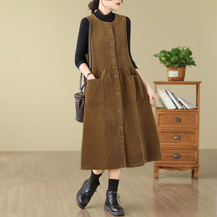 Abito midi senza maniche in velluto a coste di cotone con tasche e bottoni retrò di Buddha Stones Fall - DarkGoldenrod - US12, UK/AU16, EU44 (3XL) - image 12