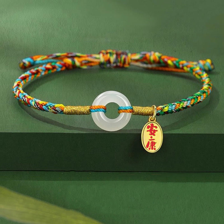 Bracciale in corda colorata in argento sterling 925 con fibbia della pace in giada e Buddha Stones , fatto a mano - Stile adulto (circonferenza polso 14-22 cm) - image 0