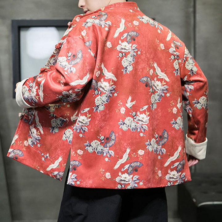 Buddha Stones Vestiti per il capodanno cinese Fiori Ventaglio Uccelli Rana-bottoni Tang Suit Giacca da uomo in cotone Camicia con tasche - image 4