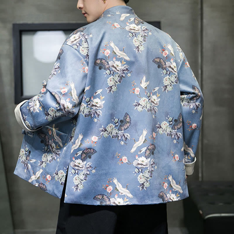 Buddha Stones Vestiti per il capodanno cinese Fiori Ventaglio Uccelli Rana-bottoni Tang Suit Giacca da uomo in cotone Camicia con tasche - image 12