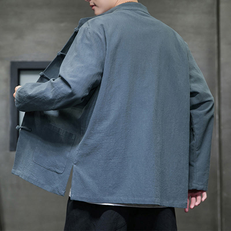 Giacca da uomo in lino e cotone con tasche, tinta unita, bottoni a rana , Buddha Stones - image 7