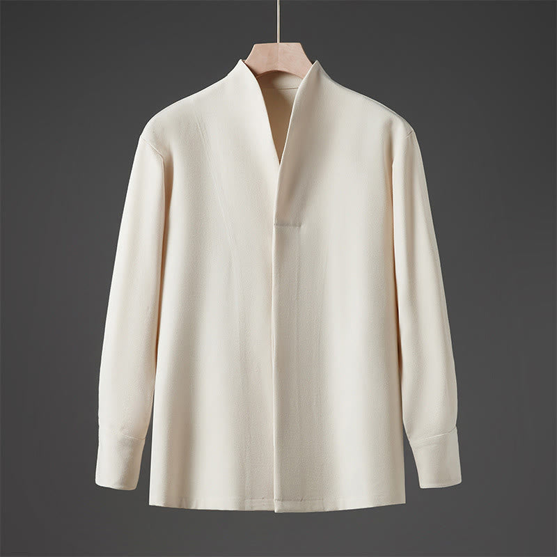 Buddha Stones Camicie da uomo a maniche lunghe con bottoni nascosti, modello a tinta unita autunnale - Beige - US/UK/AU46, EU56 (5XL) - image 0