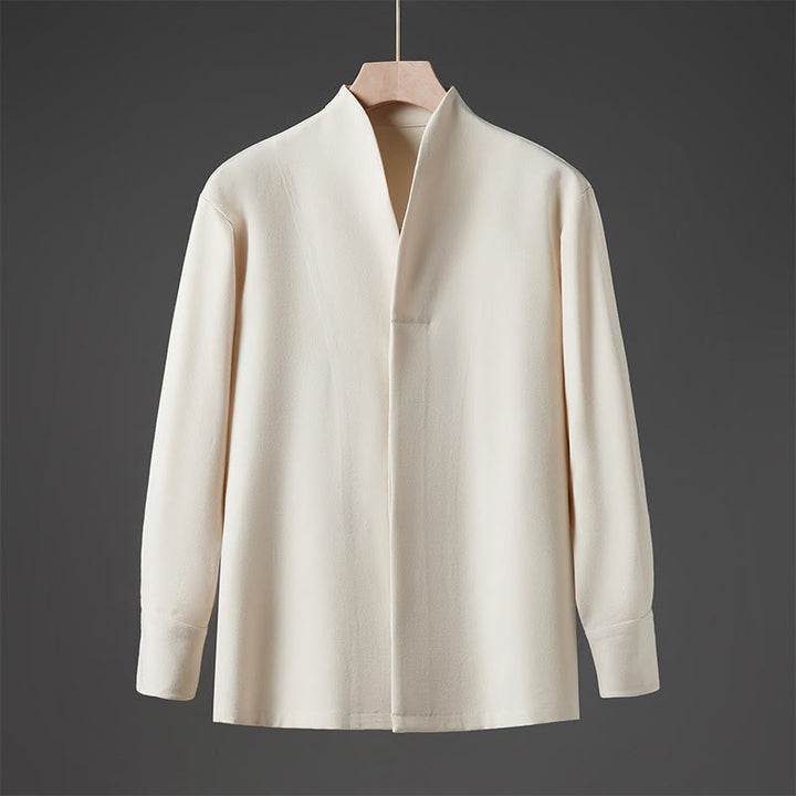 Buddha Stones Camicie da uomo a maniche lunghe con bottoni nascosti, modello a tinta unita autunnale - Beige - US/UK/AU46, EU56 (5XL) - image 0