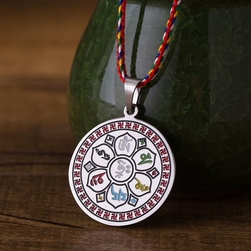 Collana con ciondolo in corda di protezione in acciaio al titanio Buddha Stones colorate Om Mani Padme Hum - Argenteo - image 0