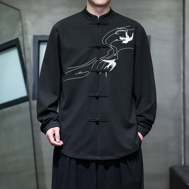 Camicia da uomo a maniche lunghe con colletto rialzato, ricamo a forma di rondine, bottoni a rana, Buddha Stones - Nero - US/UK/AU46, EU56 (5XL) - image 0