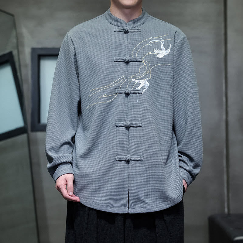 Camicia da uomo a maniche lunghe con colletto rialzato, ricamo a forma di rondine, bottoni a rana, Buddha Stones - BluAcciaioChiaro - US/UK/AU46, EU56 (5XL) - image 13