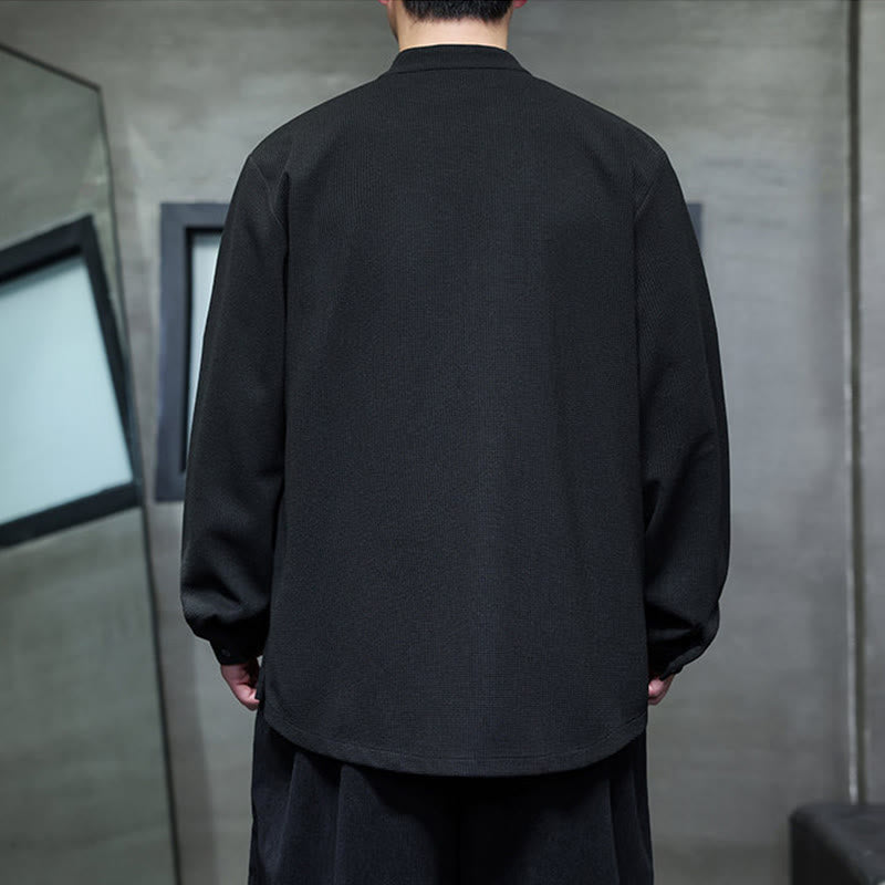 Camicia da uomo a maniche lunghe con colletto rialzato, ricamo a forma di rondine, bottoni a rana, Buddha Stones - image 3
