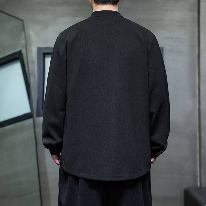 Camicia da uomo a maniche lunghe con colletto rialzato, ricamo a forma di rondine, bottoni a rana, Buddha Stones - image 3