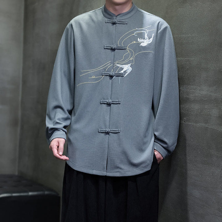 Camicia da uomo a maniche lunghe con colletto rialzato, ricamo a forma di rondine, bottoni a rana, Buddha Stones - image 21