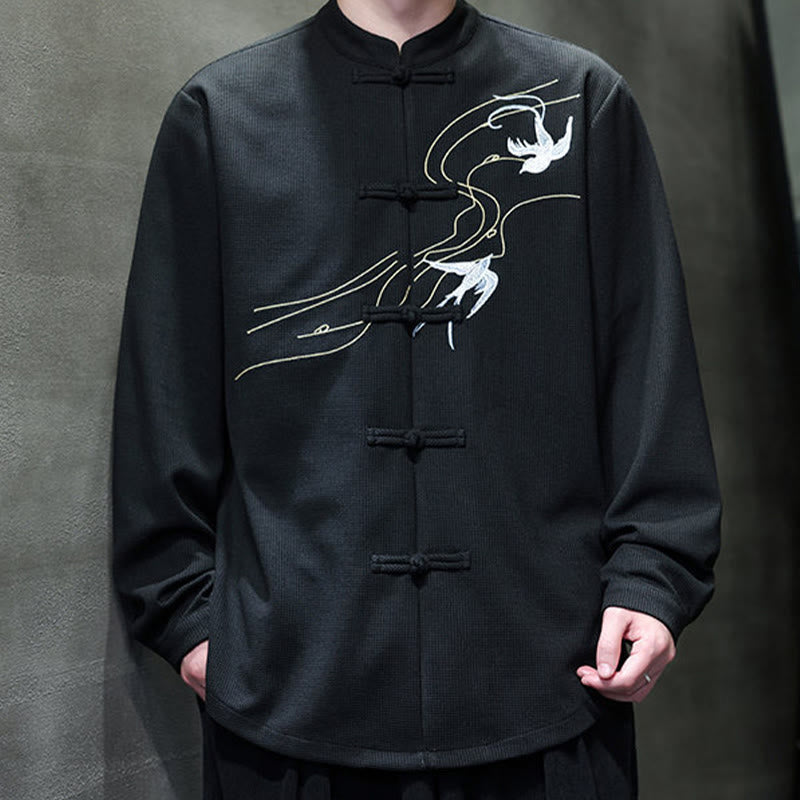 Camicia da uomo a maniche lunghe con colletto rialzato, ricamo a forma di rondine, bottoni a rana, Buddha Stones - image 9