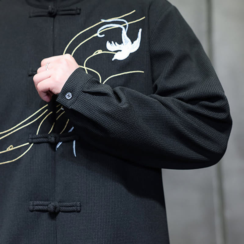 Camicia da uomo a maniche lunghe con colletto rialzato, ricamo a forma di rondine, bottoni a rana, Buddha Stones - image 11