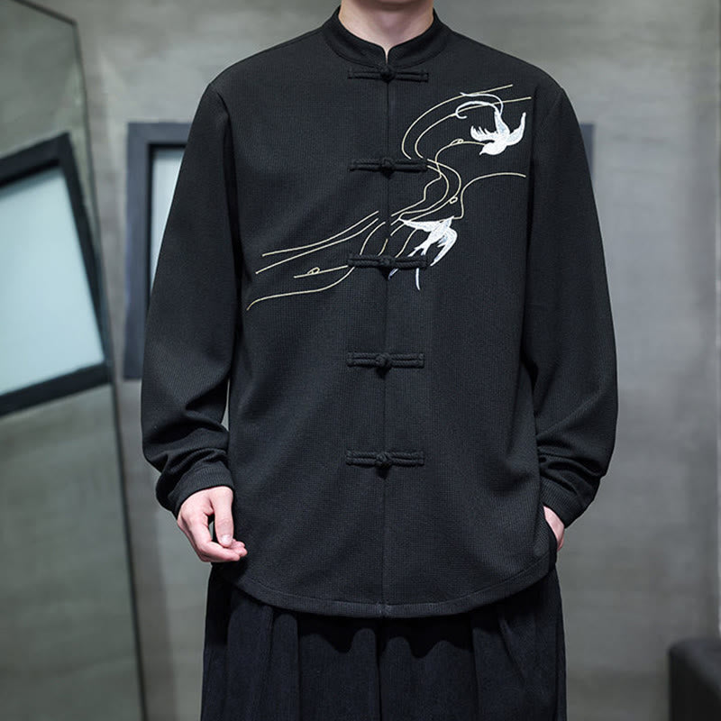 Camicia da uomo a maniche lunghe con colletto rialzato, ricamo a forma di rondine, bottoni a rana, Buddha Stones - image 5