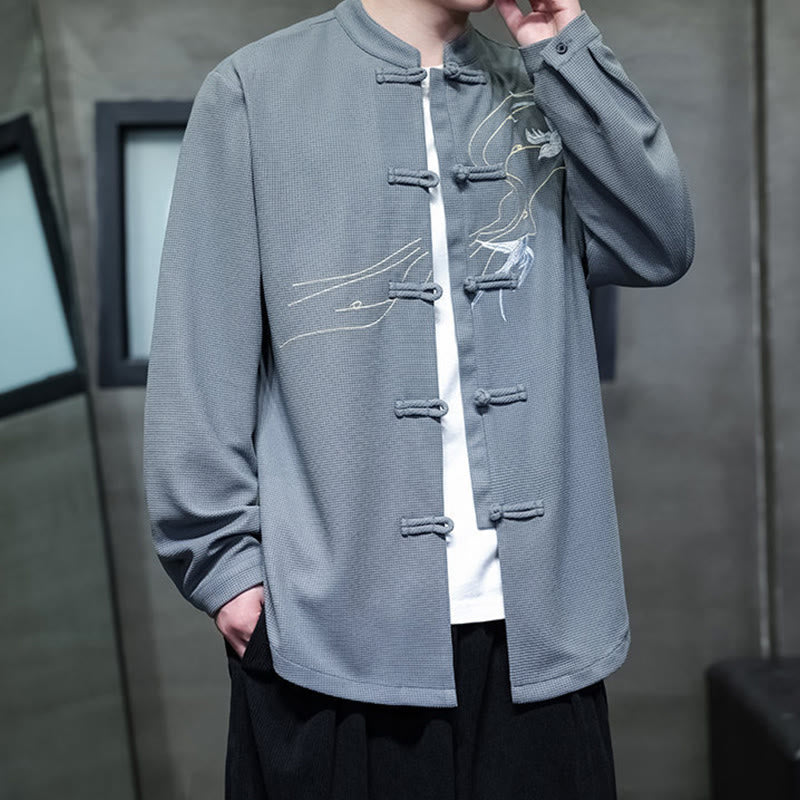 Camicia da uomo a maniche lunghe con colletto rialzato, ricamo a forma di rondine, bottoni a rana, Buddha Stones - image 19