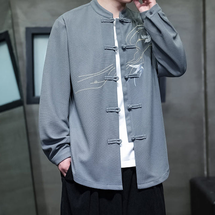 Camicia da uomo a maniche lunghe con colletto rialzato, ricamo a forma di rondine, bottoni a rana, Buddha Stones - image 19
