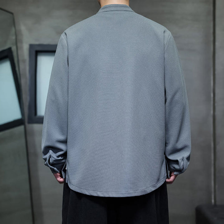 Camicia da uomo a maniche lunghe con colletto rialzato, ricamo a forma di rondine, bottoni a rana, Buddha Stones - image 16