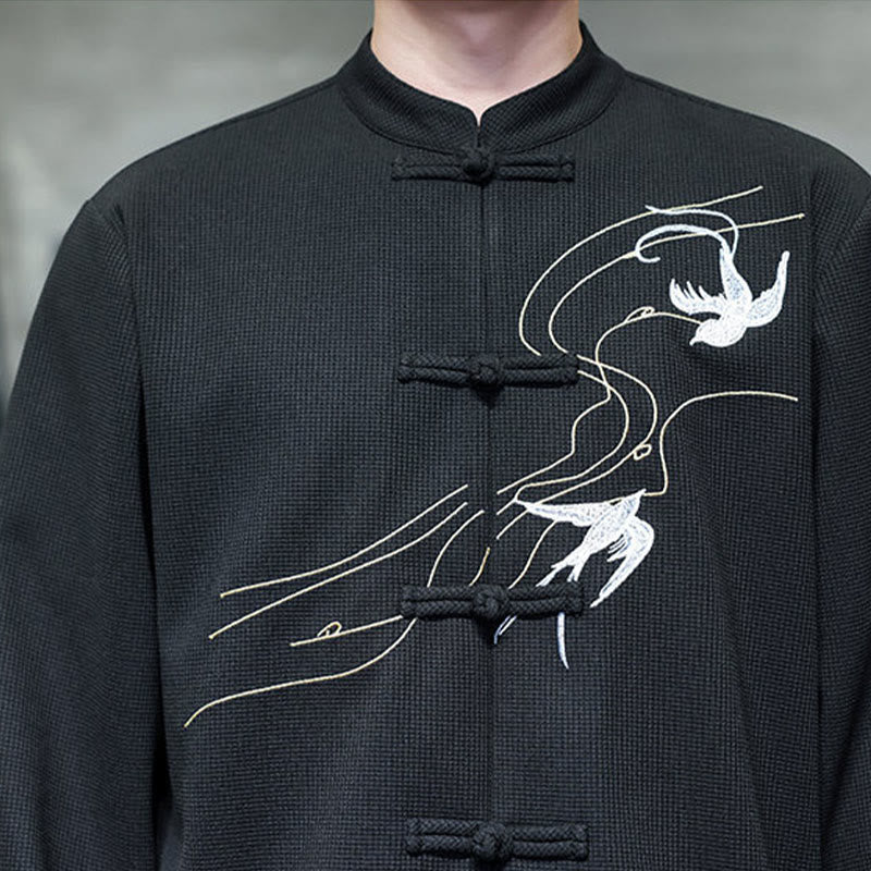 Camicia da uomo a maniche lunghe con colletto rialzato, ricamo a forma di rondine, bottoni a rana, Buddha Stones - image 10
