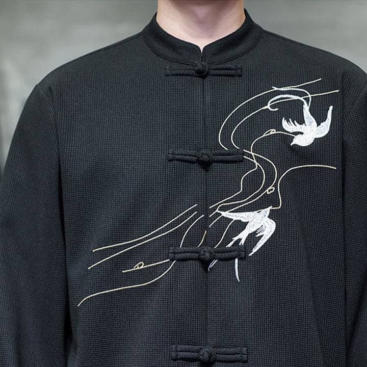 Camicia da uomo a maniche lunghe con colletto rialzato, ricamo a forma di rondine, bottoni a rana, Buddha Stones - image 10